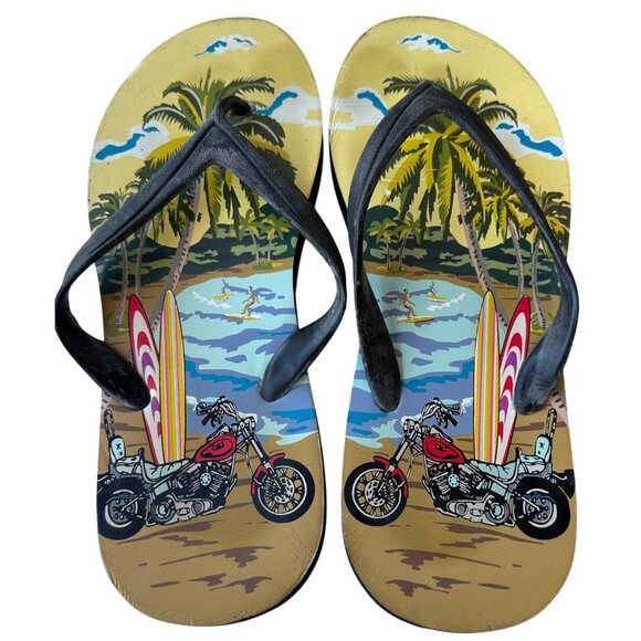 Beach Theme Flip Flops Sandals Men's Size Large (Brand Unknown) - Picture 2 of 16